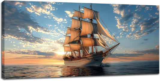 Large Nautical Ship Wall Art for Living Room Sailboat Ocean Landscape Art Big Space Size Bedroom Office Canvas Prints Pictures Painting Artwork Office Bedroom Home Decor 60"x30"
