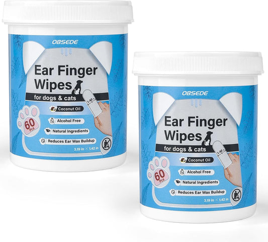 OBSEDE Dog & Cat Ear Wipes, Finger Sleeve Design for Gentle Wax & Dirt Reduce, Odor Control, Fresh Coconut Scent, Easy at-Home Pet Grooming, 120 Count