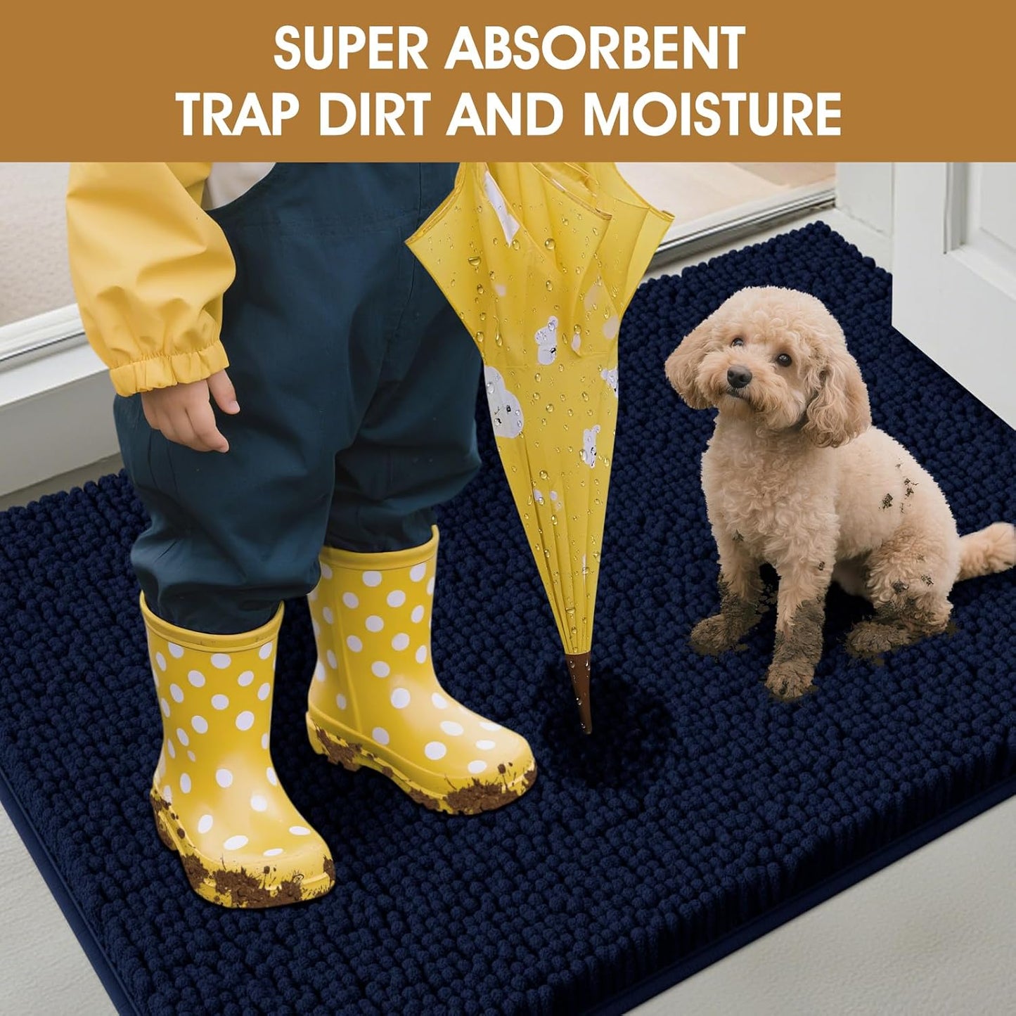 Dog Door Mats for Muddy Paws, Chenille Absorbent Dog Mats, Non Slip Heavy Mud Mat for Dogs, Soft Pet Mat for Entryway, Mud Paws, Inside Floor,48" x 38", Navy Blue