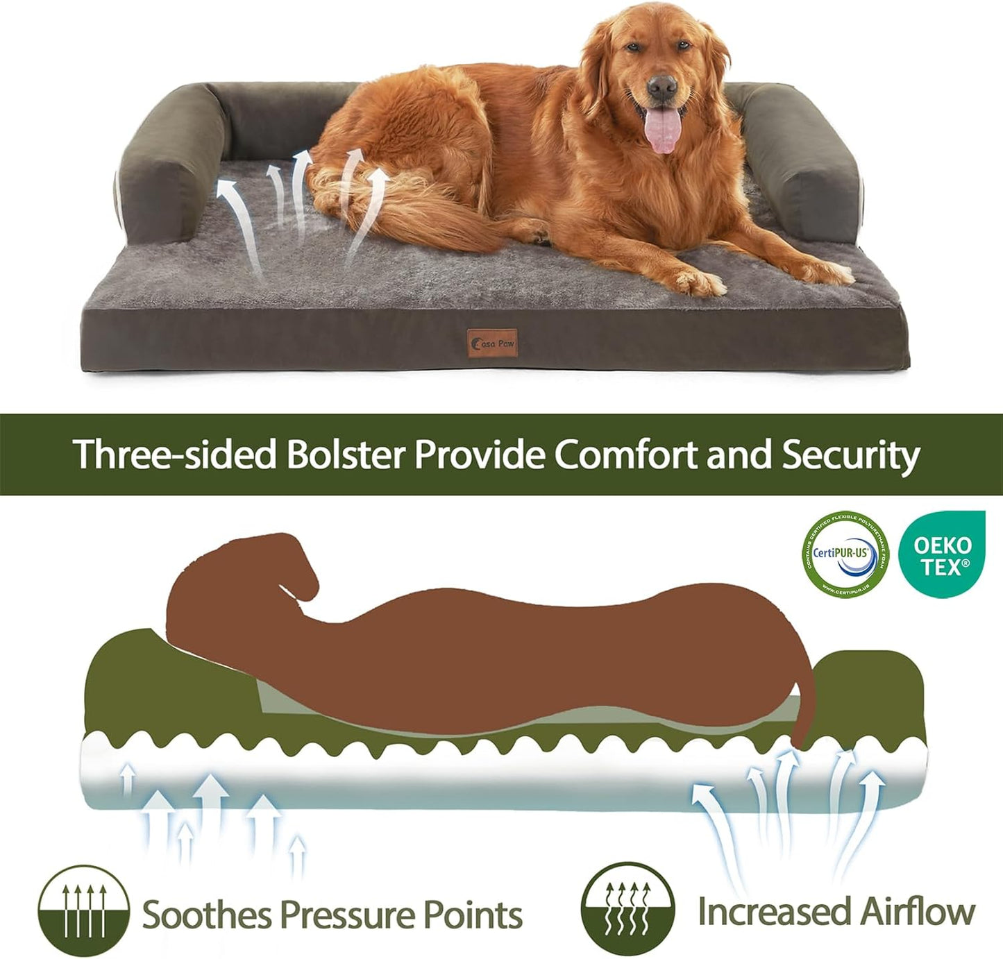 Orthopedic Dog Beds for Extra Large Dogs, Waterproof Dogs Beds XLarge, Memory Foam Dog Couch Beds with Comfy Bolster, Removable Washable Cover and Nonskid Bottom (X-Large, Dark Green)