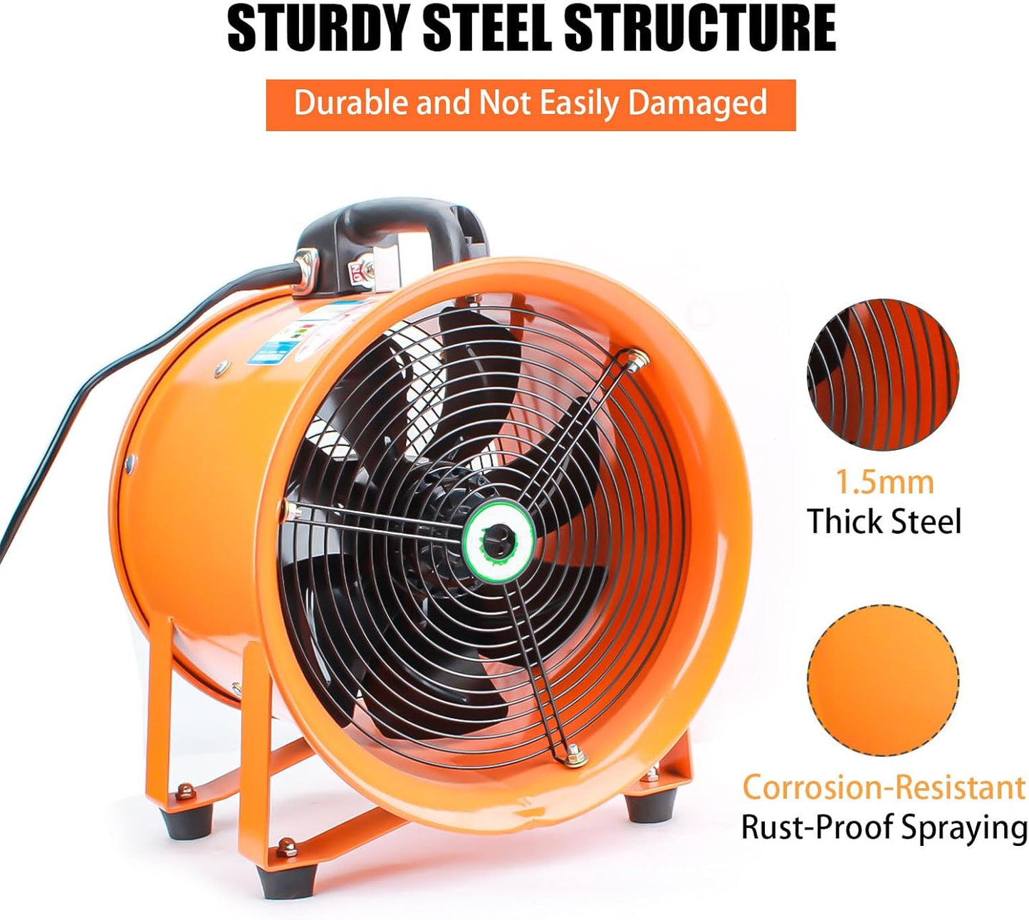 8-Inch High-Velocity Portable Utility Blower Fan, Industrial Exhaust Fan with 33ft Flexible Duct Hose, 3150 RPM Low-Noise Ventilator for Basements, Workshops, Warehouses, and Confined Spaces