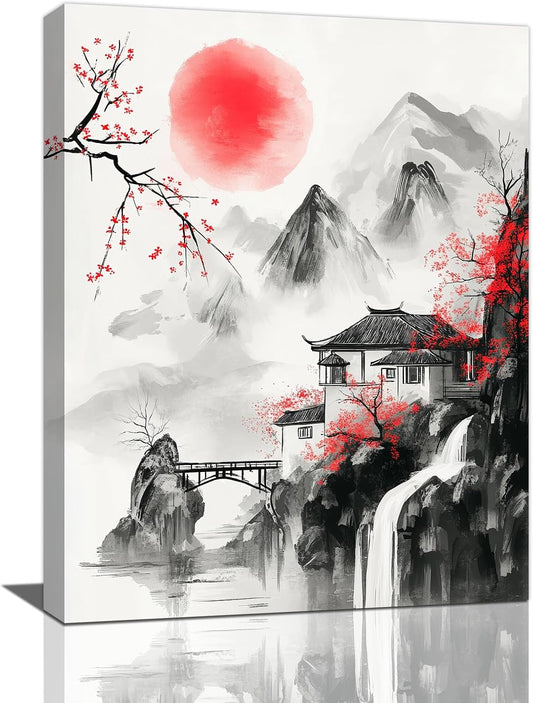 Japanese Wall Art Canvas Asian Nature Wall Decor Prints Framed Painting Mountain Landscape Pictures Gifts Artwork for Bathroom 12"x16"