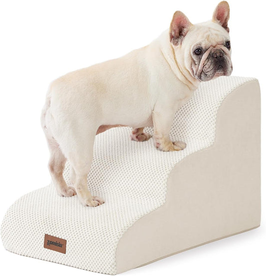 Dog Stairs for Small Dogs - Pet Stairs for Couch and Bed, 35D Foam Dog Steps Ramp with Non-Slip Bottom Beige, 3 Steps