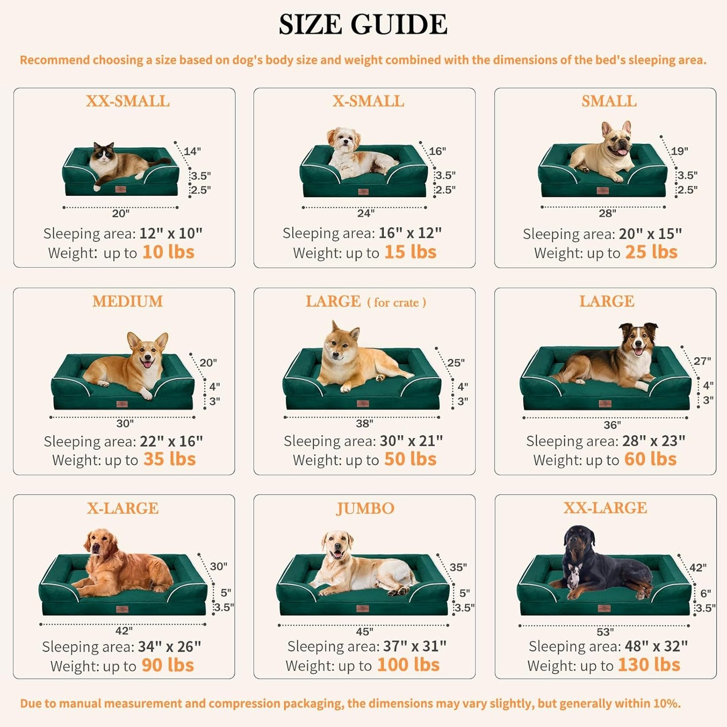 Comfort Expression Large Dog Beds Waterproof Orthopedic Foam Dog Sofa Beds Comfy Pet Bed with Washable Removable Cover & Non-Slip Bottom(Large,Emerald)