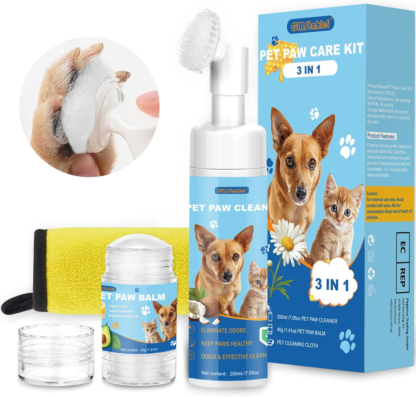 Dog Paw Care Kit,No-Rinse Paw Cleaner for Dogs & Cats,Dog Paw Balm for Heals -Repairs Dry Cracked Paws & Nose with 1 Pet Cleaning Towels,Natural Dog Paw Protector for Pet Foot Washer Care