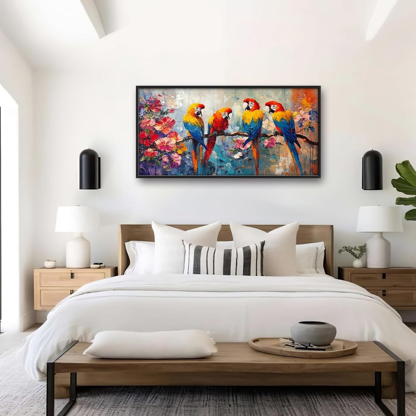 Extra Large Framed Parrot Bird Wall Art,Oversized Abstract Colorful Parrots Flower Wall Decor Pictures for Living Room,Canvas Print Painting Modern Artwork Bedroom Office Bathroom Home Decor 60L x30W