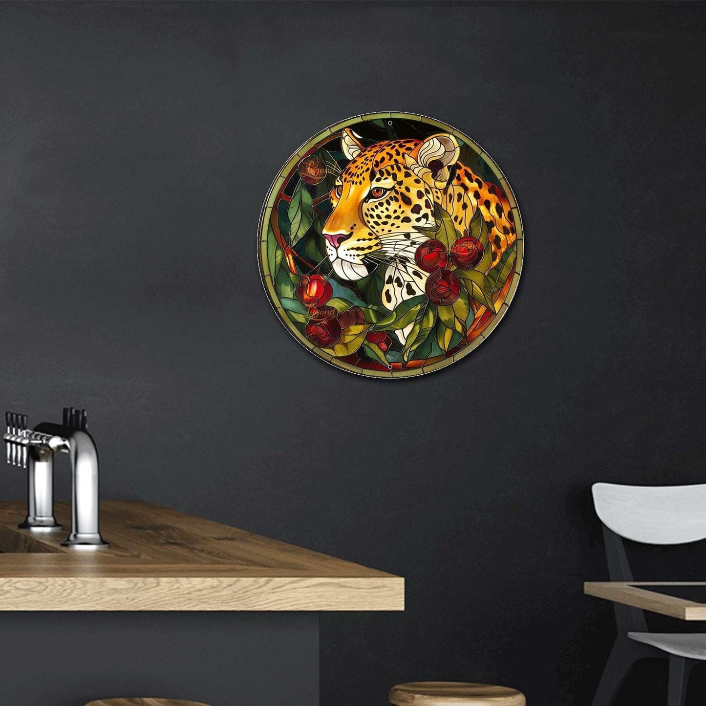 Lygond Metal Sign Tin Sign Circular Stained Glass Leopard Metal Garden Signs For Pet 8×8 Inches