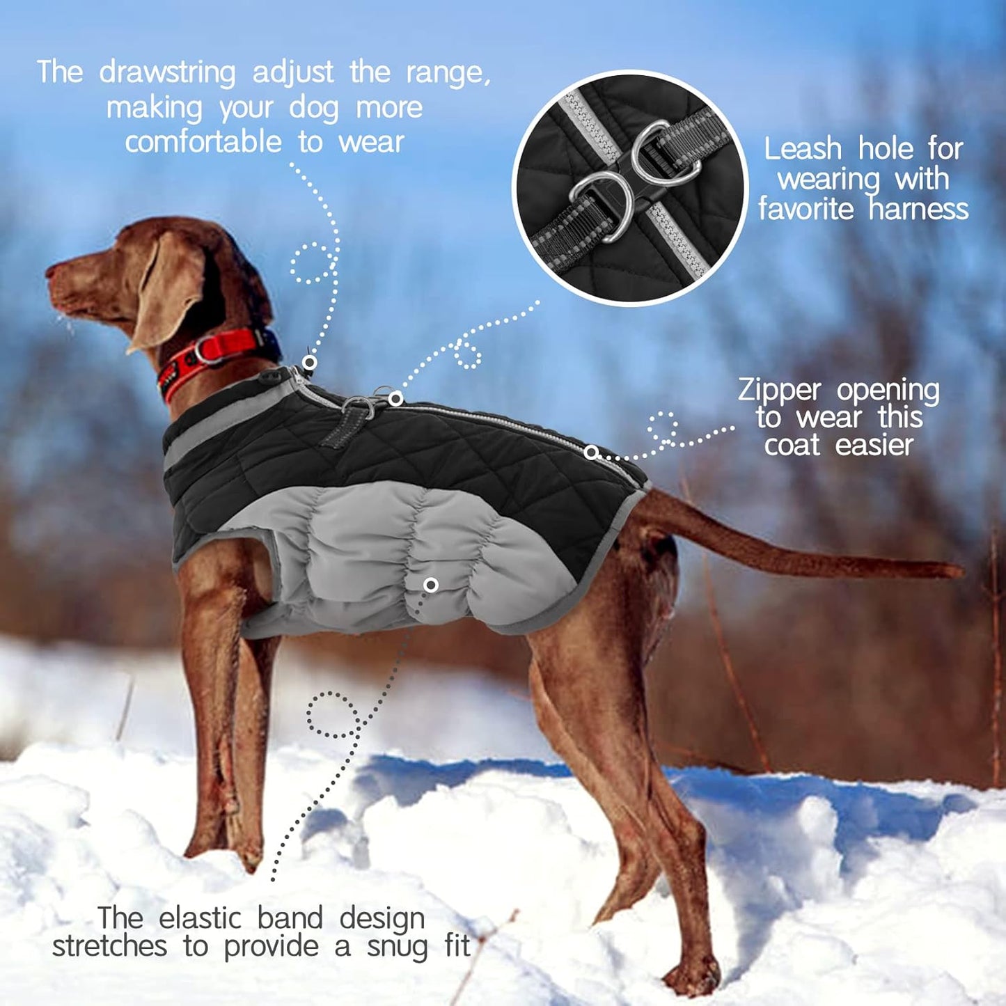 FUAMEY Dog Coat for Large Dogs,Waterproof Dog Winter Jacket with Harness Built in Puppy Cold Weather Coats Reflective Pet Vest with Zipper Warm Fleece Dogs Snowsuit Windproof Black L