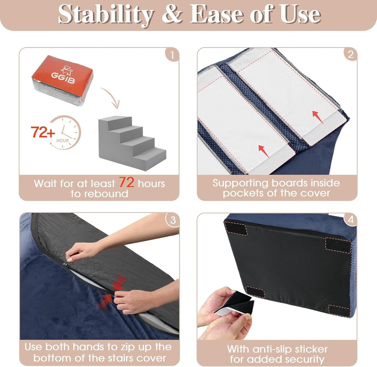 GGIB Dog Stairs for Small Dogs and Cats - Non-Slip Steps for High Bed, Sofa, Couch - Pet Ramp with Removable Washable Cover, Navy, 22" H, 5-Step