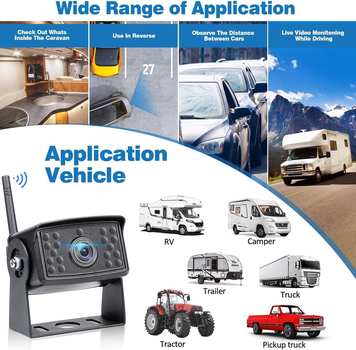 Wireless Backup Camera for Car AHD 1080P 150° Wide Angle Rearview Reversing Camera, Clear Night Vision IP69 Waterproof Reverse Rear View Camera for Vehicle SUV RV Only One Camera for VASTEND V01