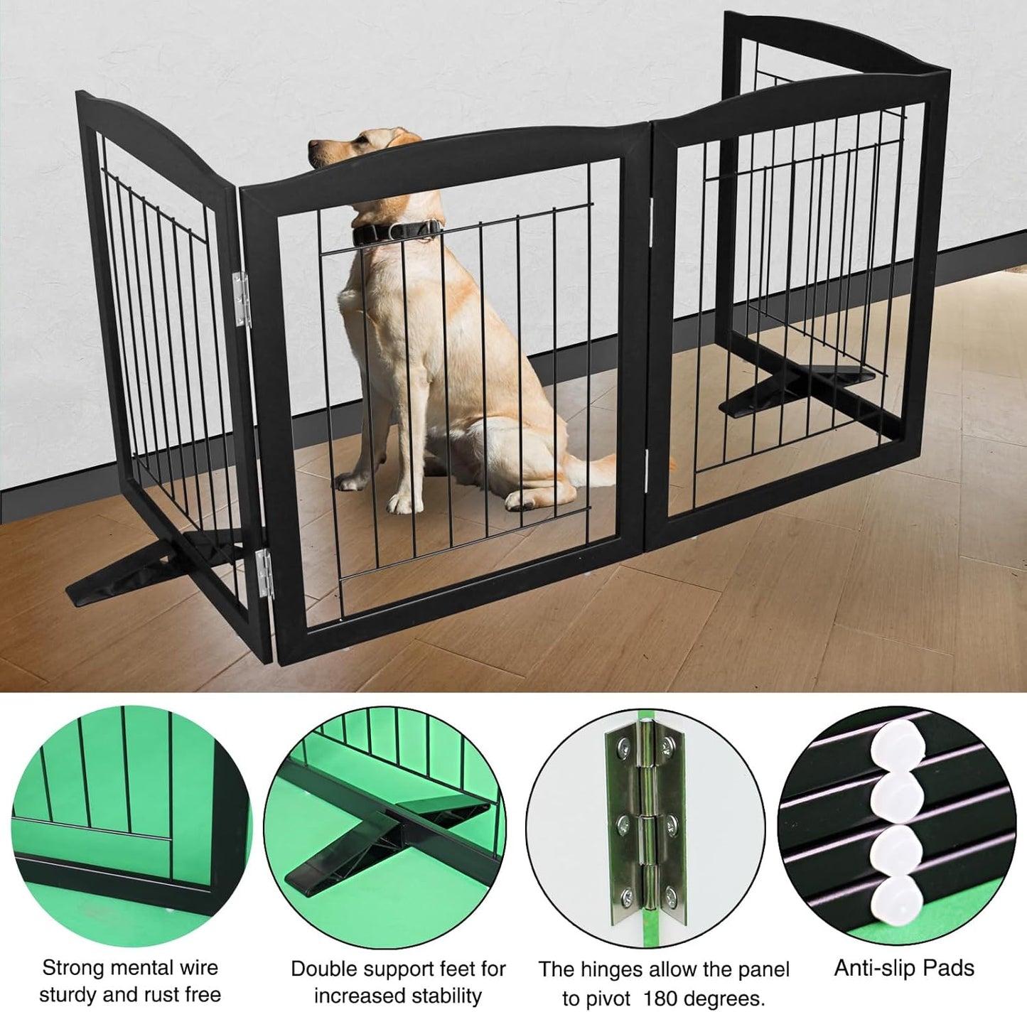 ZJSF Freestanding Dog Fence Indoor, Foldable Dog Gate for Doorways, Stairs or Hallways, Sturdy Wood Extra Wide Pet Gate with Support Feet for The House, Black, 32 "Height-4 Panels