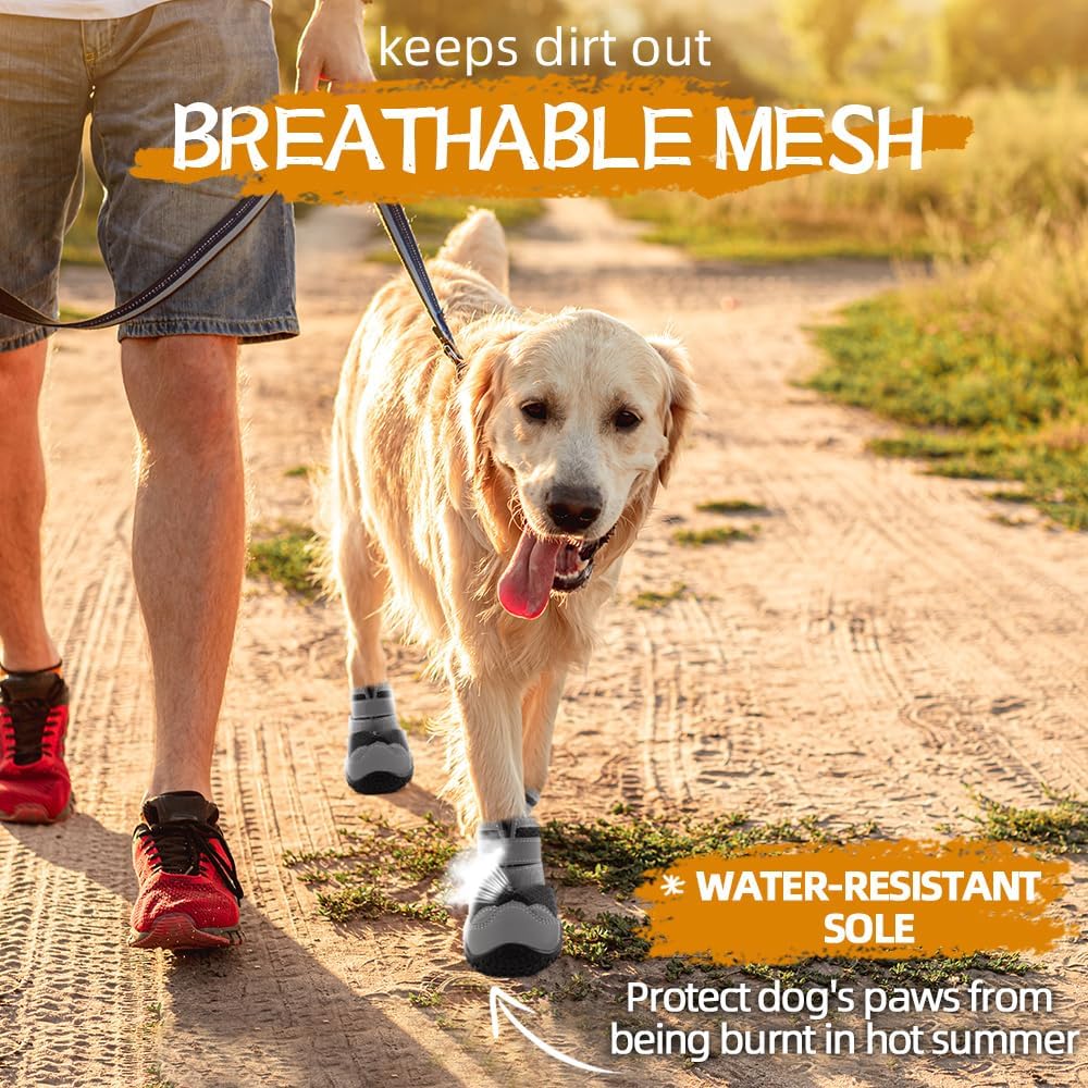 Dog Shoes for Large Dogs, Medium Dog Boots & Paw Protectors for Hardwood Floors, Outdoor Dog Booties for Hot Pavement Winter Snow Hiking, Breathable Dog Shoes with Reflective Strips Size 4