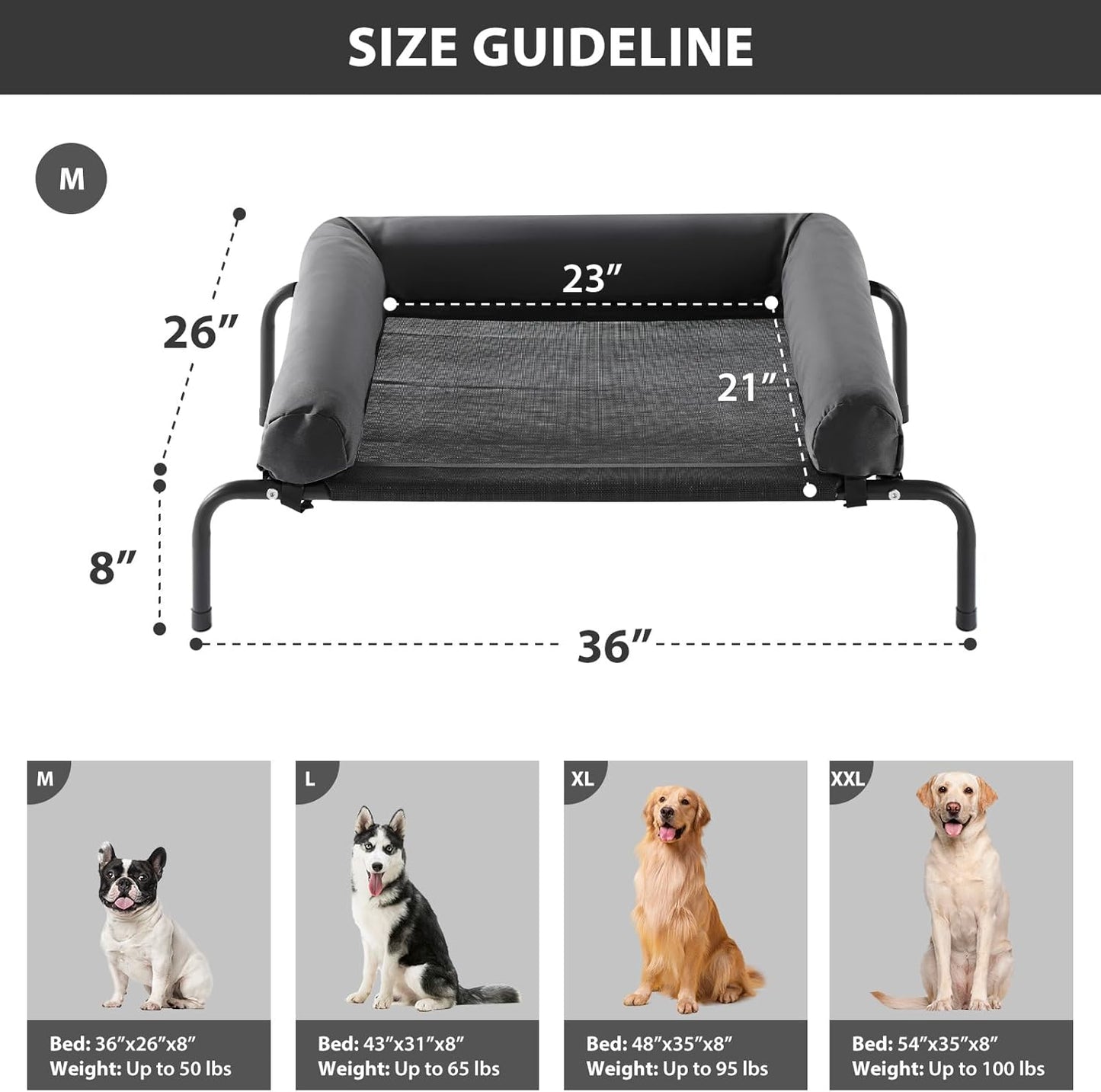 RRPETHOME Large Elevated Cooling Dog Bed, Raised Dog Cot Beds for Large Dogs, Elevated Outdoor Pet Bed, Chew Proof Portable Cooling Pet Cot with Skid-Resistant Feet and Breathable Mesh