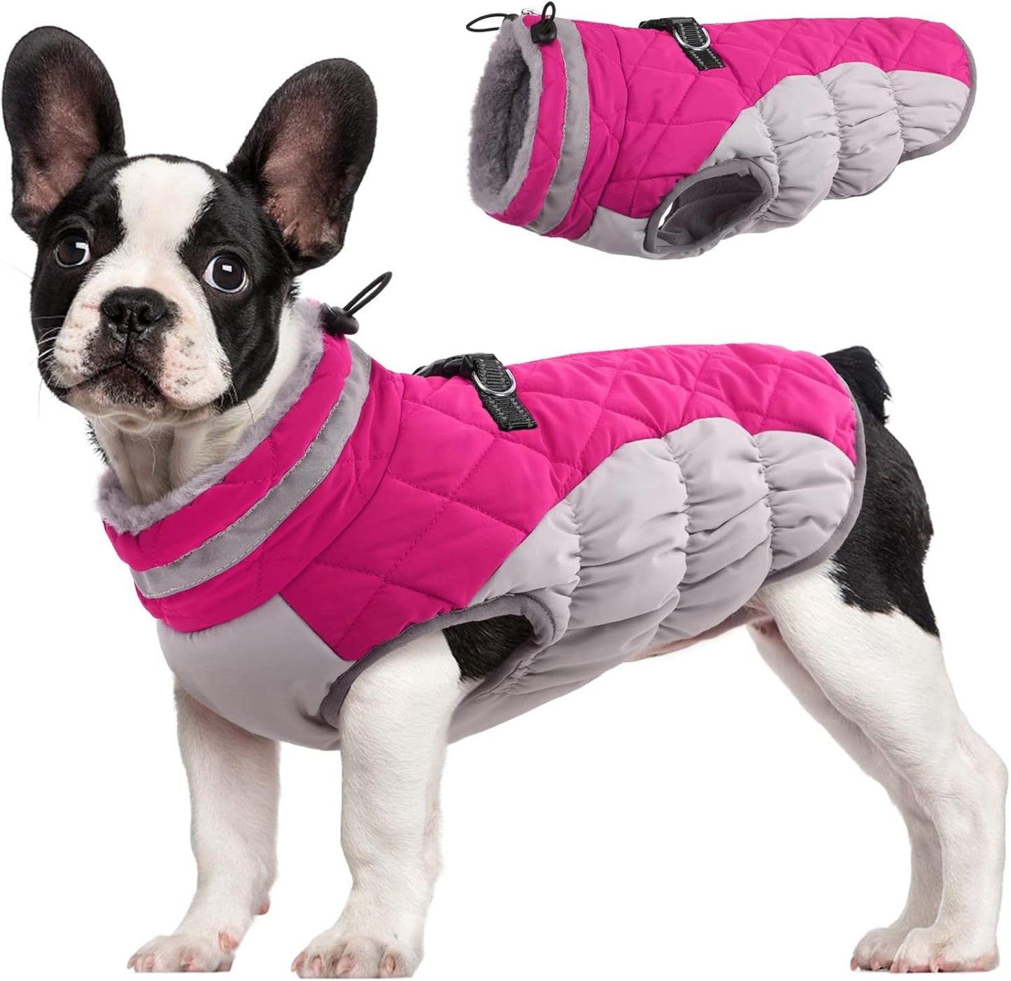 FUAMEY Dog Coat for Small Dogs,Waterproof Dog Winter Jacket with Harness Built in Puppy Cold Weather Coats Reflective Pet Vest with Zipper Warm Fleece Dogs Snowsuit Windproof Pink S