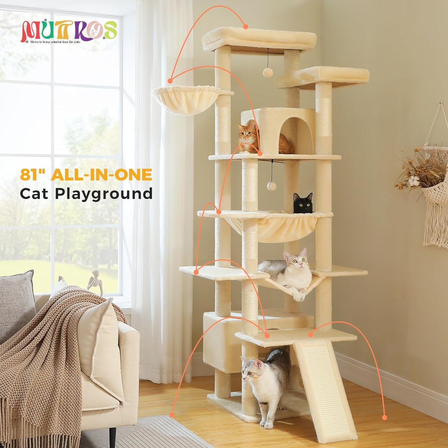 81" Heavy Duty Cat Tree for Large Cats up to 20lbs - Extra Tall Cat Tower with Metal Frame Hammock, 6 Sisal Scratching Posts, 2 Perches - Indoor Cat Furniture for Maine Coon, Big Cats, Beige