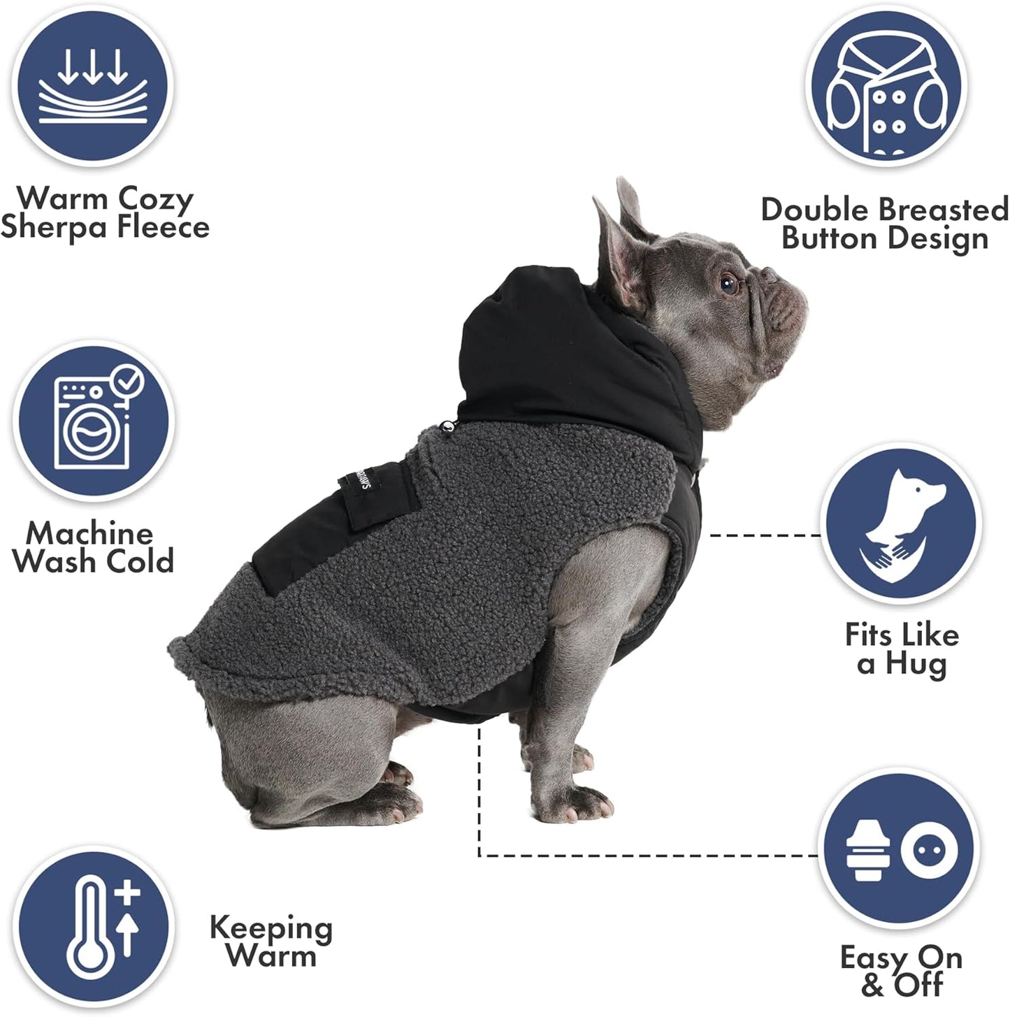 Spark Paws Reversible Dog Sweater, Sherpa Jacket Vest with Warm Fleece Lining, Warm Coat for Winter, Suitable for Small Medium, Large, XL XXL Dogs - Black and Grey - 2XL