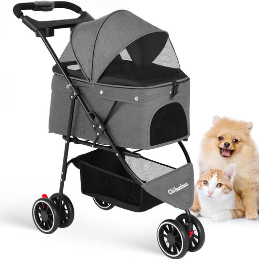 Pet Stroller,Dog Stroller for Small Medium Dogs Cats,3 Wheels,Foldable,with Breathable Mesh Canopy,Cup Holders,Easy Assembly,Grey