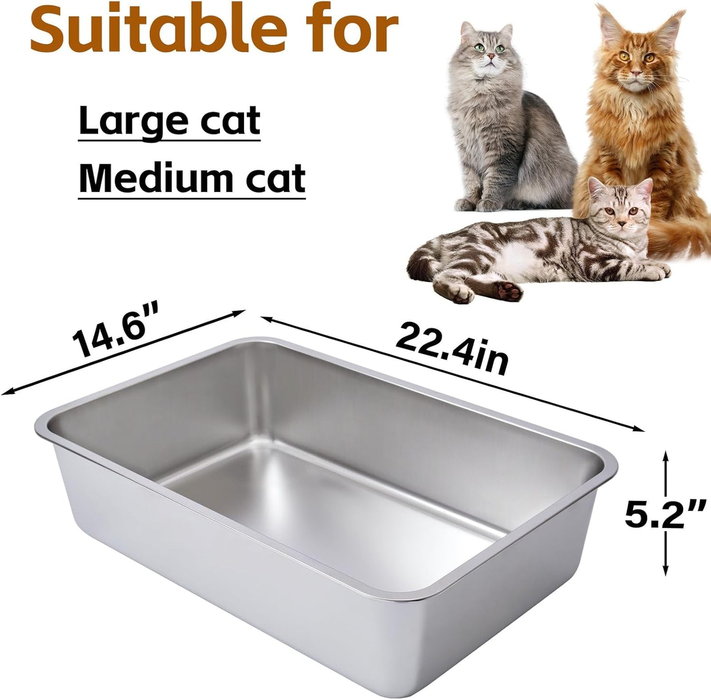 Stainless Steel Cat Litter Box-6" High Side Metal Litter Box,XLarge Stainless Steel LitterBox,Cat LitterBox for Big Cats or Rabbit，Puppy，Non Stick, No Smell, Easy to Clean