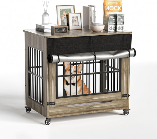 32" Dog Crate Furniture, Double Door Wooden Indoor Dog Kennel Furniture, Decorative Pet Cage End Table with Wheels for Medium and Small Breed Dogs, Size M, Rustic Brown