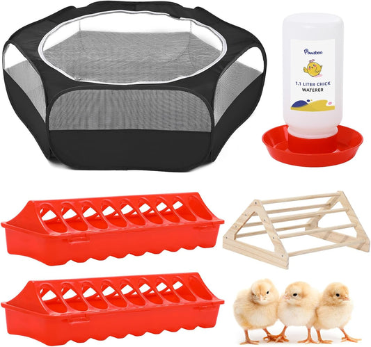 Pawaboo 5-in-1 Chicken Brooder Box for Chick Starter Kit, Includes Pet Cage Tent, Chicks Perch, Chicks Feeder, 1.1L Chick Waterer, Baby Chicken Supplies (Brooder Set), Black