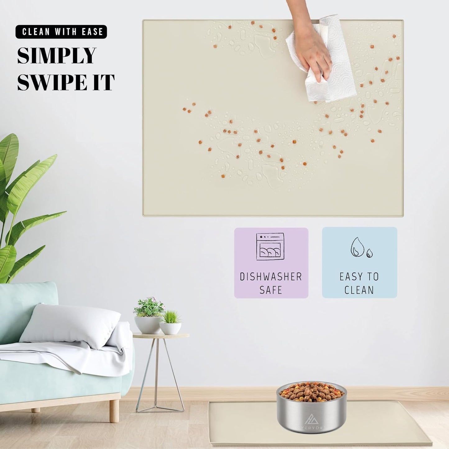 AVERYDAY 18x10'' Dog Mat for Food and Water, Waterproof Silicone Mat with Non-Slip Rubber for Dogs and Cats