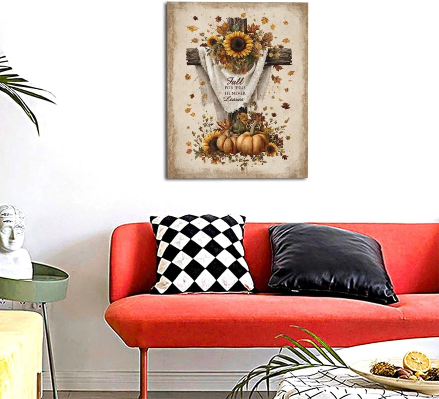 Christian Fall Wall Art Autumn Rustic Cross Sunflower Pumpkin Wall Decor Fall for Jesus He Never Leaves Pictures Painting Print Framed Artwork Decorations Gifts for Living Room Bedroom Prayer Room Office 16"x20"