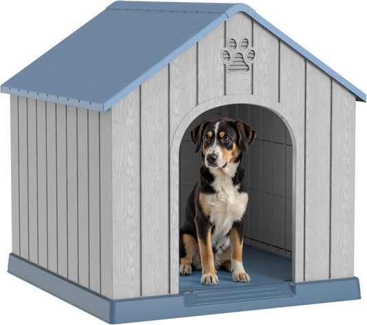 Vixzen 38in Large Outdoor Dog House,Durable Water Resistant Resin Dog House,Doghouse for Small to Large Dogs Indoor or Outside,with Air Vent and Elevated Floor,Blue