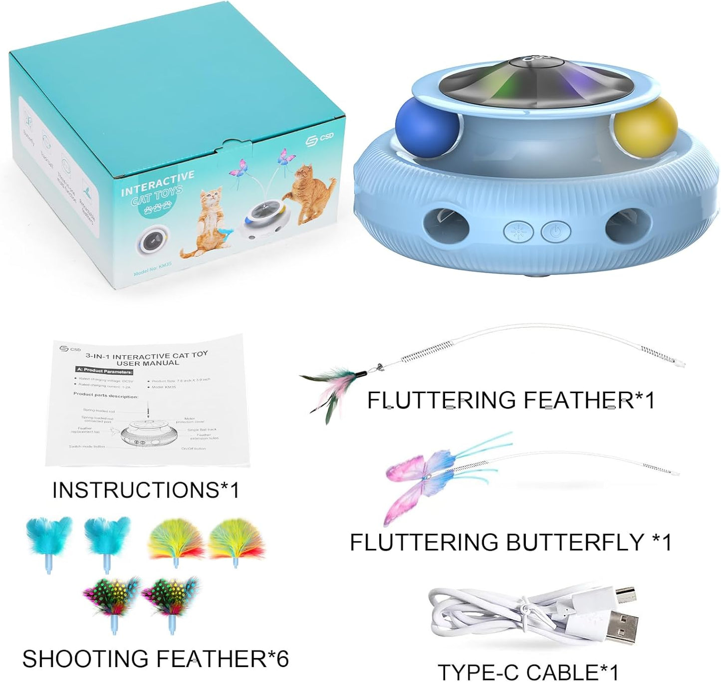 Automatic Interactive Cat Toys for Indoor Cats & Bored Adults - Kitten Toys with Fluttering Butterfly, Ambush Feather & Track Balls - Exercise & Stimulation for Playful Cats (Sky Blue)