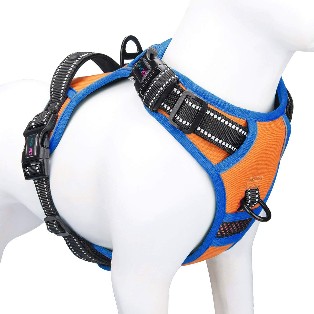 PHOEPET 2019 Reflective Dog Harness Large Breed Adjustable No Pull Vest with with Handle 2 Metal Rings 3 Buckles [Easy to Put on & Take Off](L, Orange)