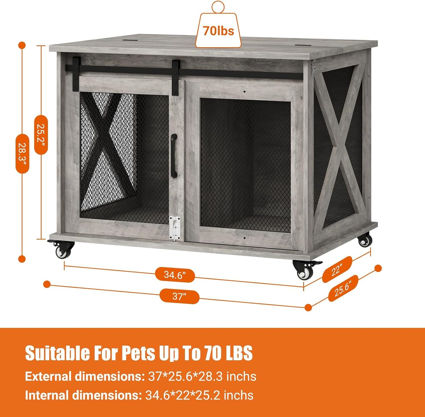 Dog Crate Furniture,37 Inch Indoor Dog Cage with Sliding Barn Door, Flip Top Dog Kennel End Table with Removable Divider, Farmhouse Wooden Pet House for Small to Middle Size Dogs
