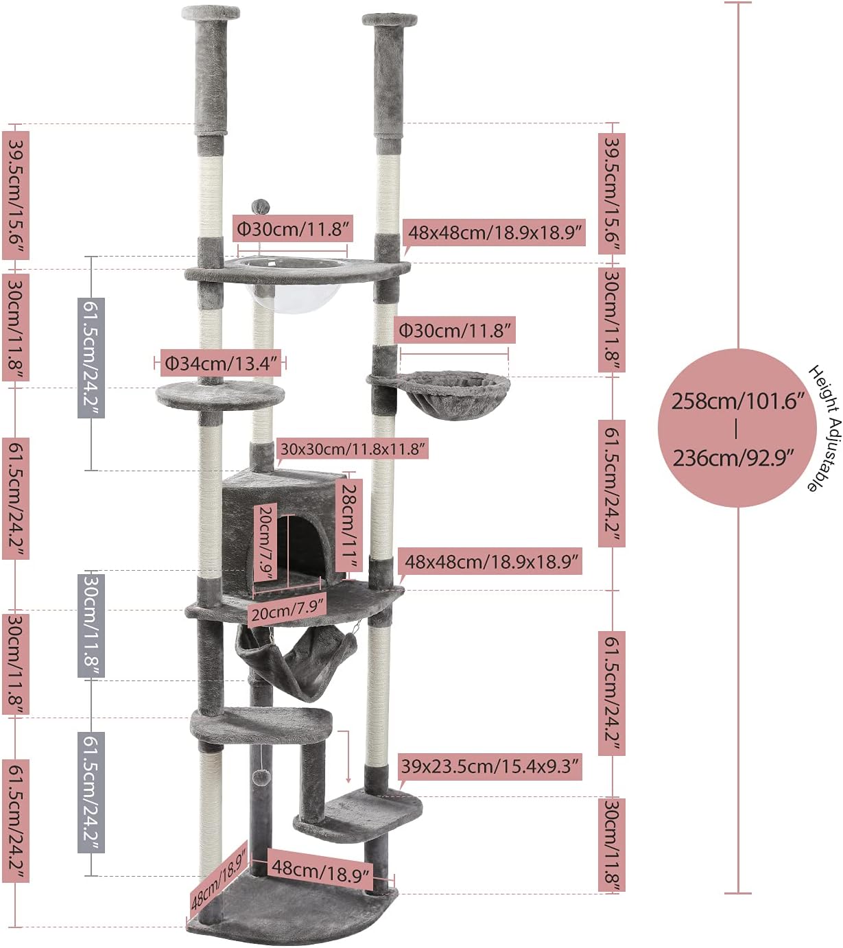 PEQULTI Floor to Ceiling Cat Tree 92.9’’-101.6’’ Height Adjustable Cat Tower Tall Kitty Climbing Play House with Scratching Posts, Cozy Condo, Perches and Large Hammock for Indoor Cats Gray
