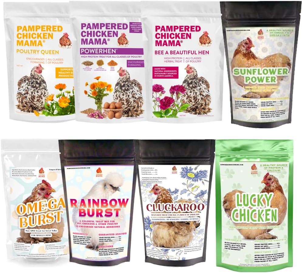 Pampered Chicken Mama Chicken Treat for Hens 8 Pounds Sampler Bundle: 8 Different Treats in One Box! - Grubs, Dried Mealworms, Cracked Corn, Oyster Shell, & Duck Feed