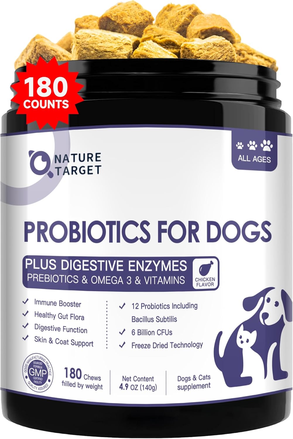 NATURE TARGET Probiotics for Dogs, 6 Billion CFUs, Freeze Dried Dog Probiotics with Prebiotics & Enzymes for Diarrhea, Gas, Vitamins & Omega 3 for Skin & Immune Health, Allergy Itch Relief, 180 Count