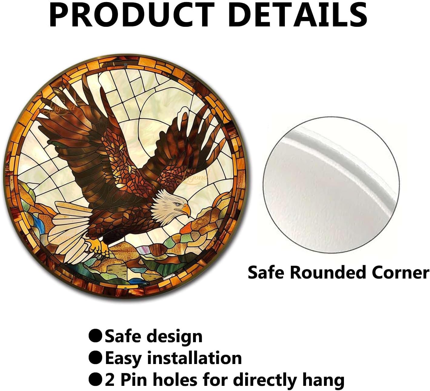 Lygond Metal Sign Tin Sign Circular Stained Glass Eagle Metal Garden Signs for Pet 8×8 Inches