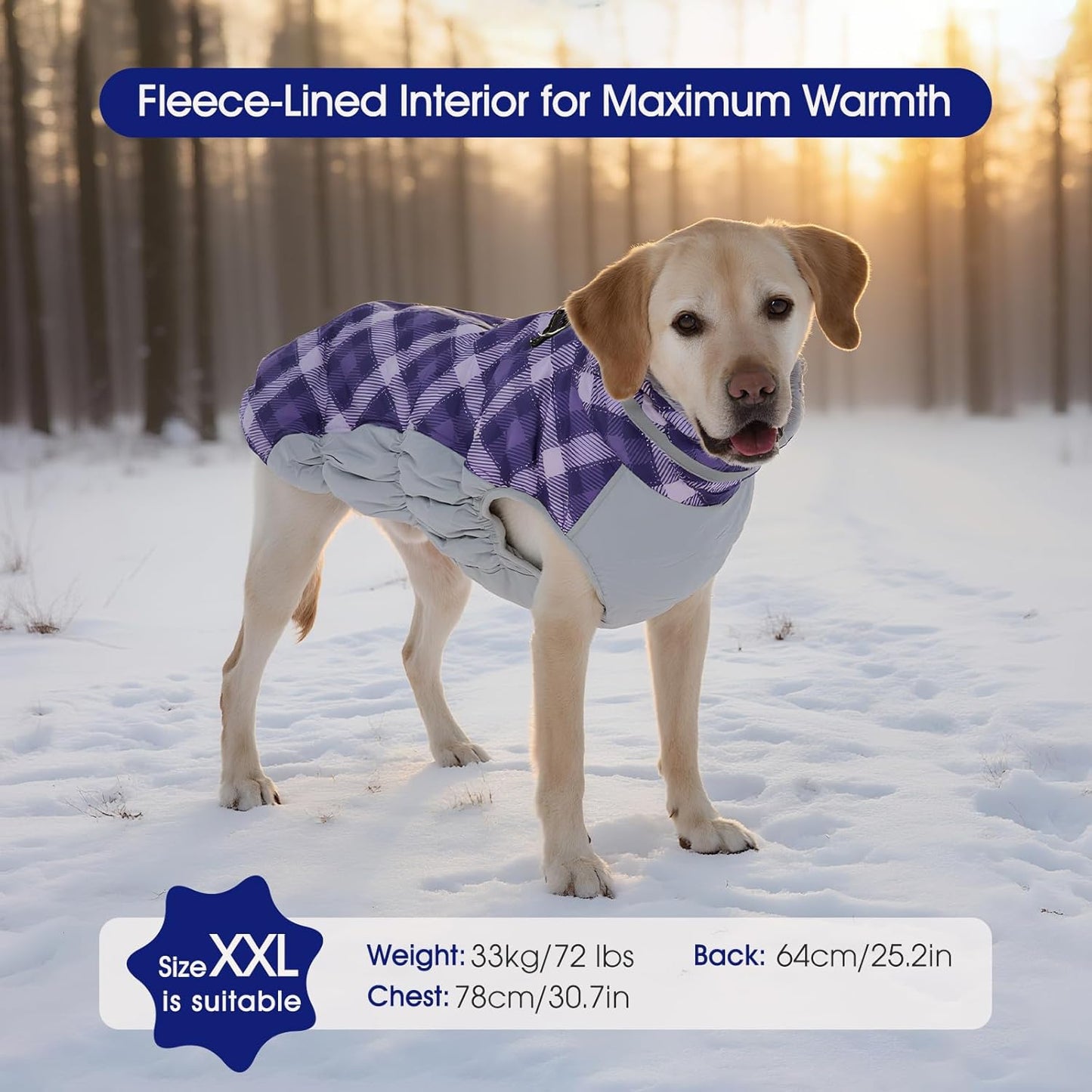 FUAMEY Dog Coat for Large Dogs,Waterproof Dog Winter Jacket with Harness Built in Puppy Cold Weather Coats Reflective Pet Vest with Zipper Warm Fleece Dogs Snowsuit Windproof Purple Plaid XL