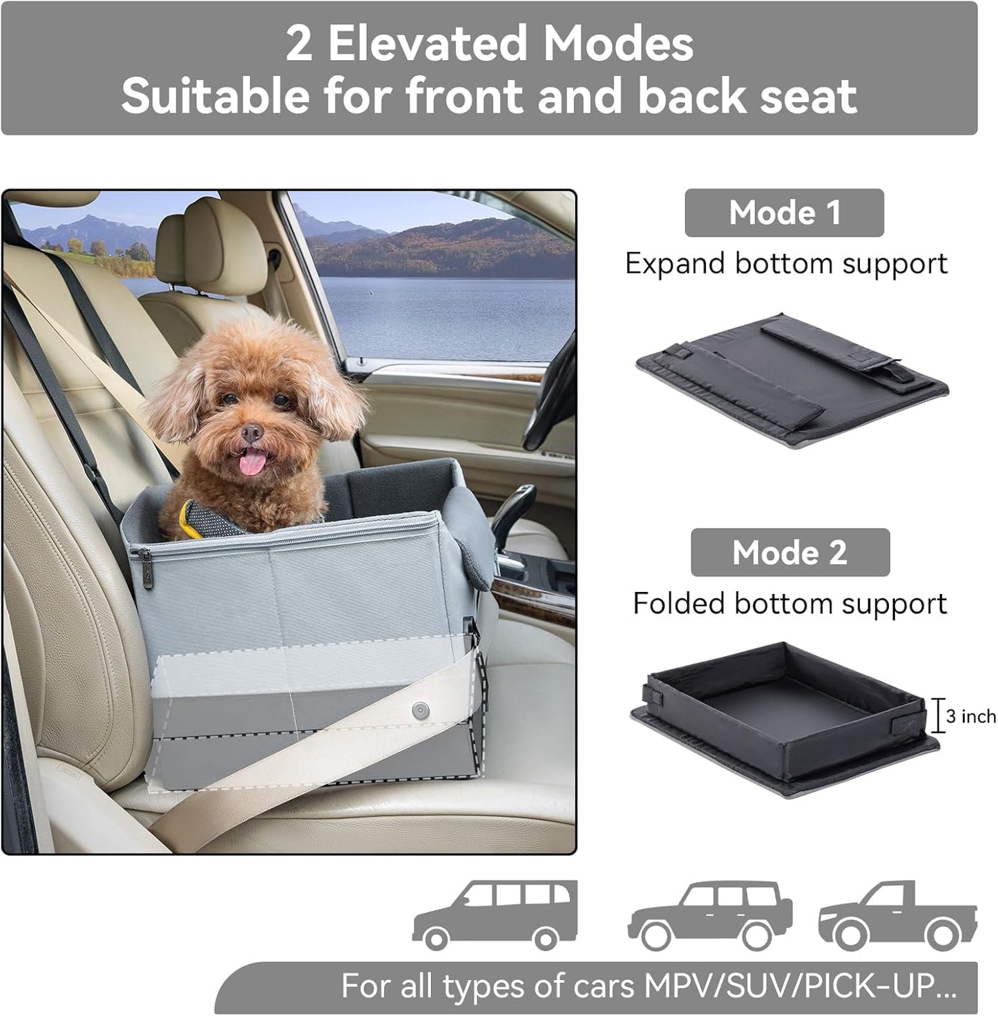 A4Pet Dog Car Seats for Small Dogs, Booster Car Seat with Patent Buckles & Clip-On Safety Leash, Pet Seat for Puppy Small Dogs Cats Under 25 Lbs, Grey