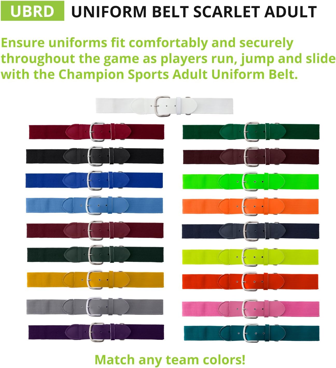 Champion Sports Baseball/Softball Uniform Belt, Comfort Stretch Fit Durable Syntex Tab - Youth & Adult Sizes, Multiple Colors