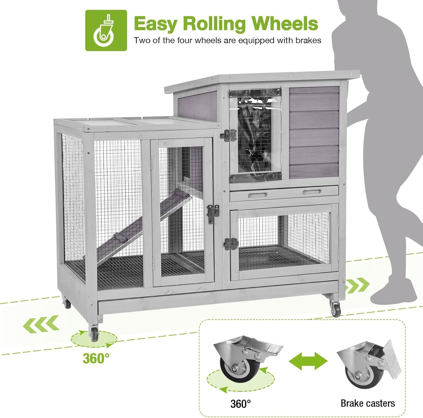 GUTINNEEN Two-Story Rabbit Hutch Large Bunny Cage with Wire Mesh Floor, Leak-Proof Trays, Lockable Wheels for Indoor and Outdoor Use, 40.6" L x 26" W x 37.6" H