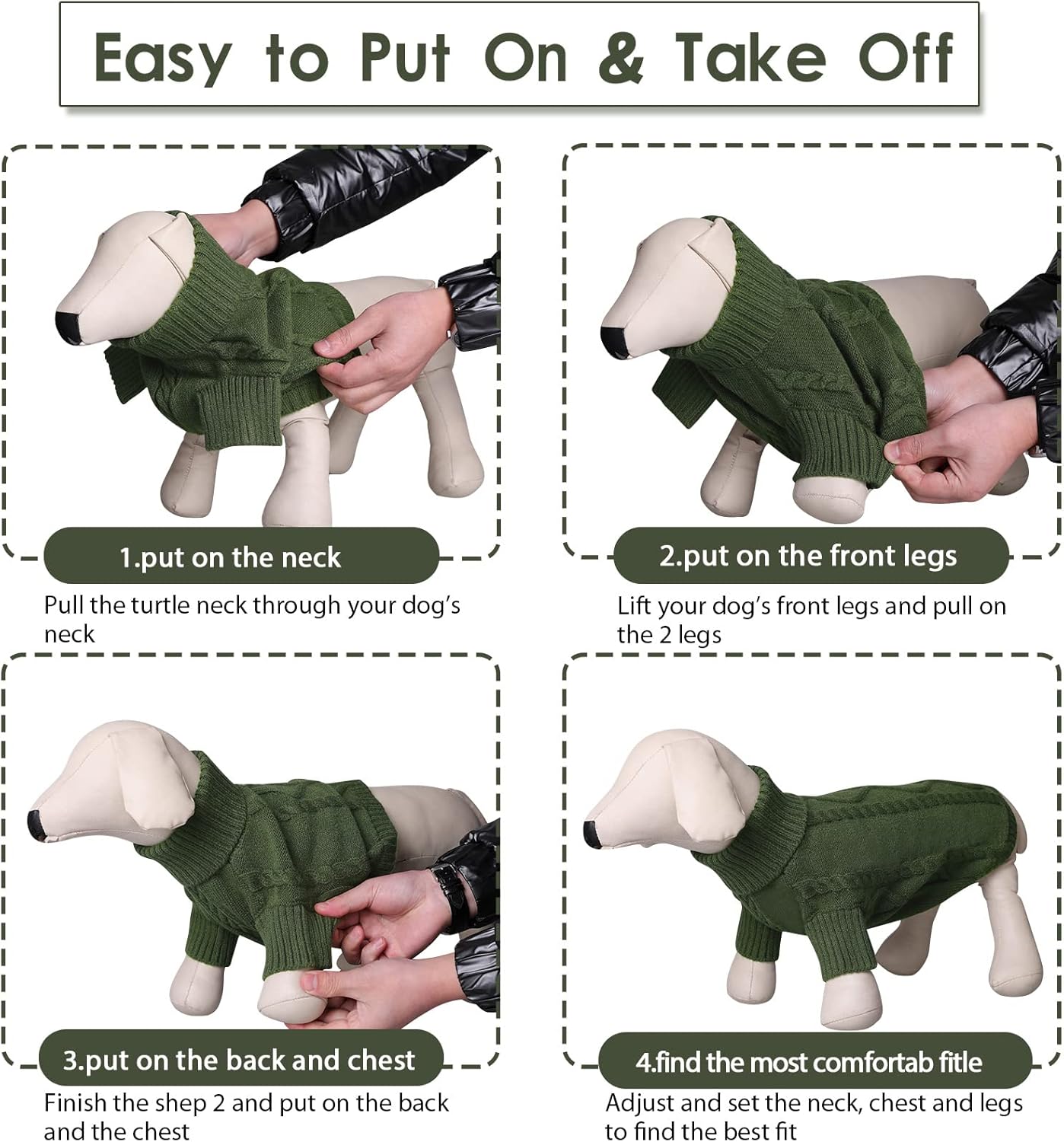 Queenmore Small Dog Pullover Sweater, Cold Weather Cable Knitwear, Classic Turtleneck Thick Warm Clothes for Chihuahua, Bulldog, Dachshund, Pug (Army Green, Small)