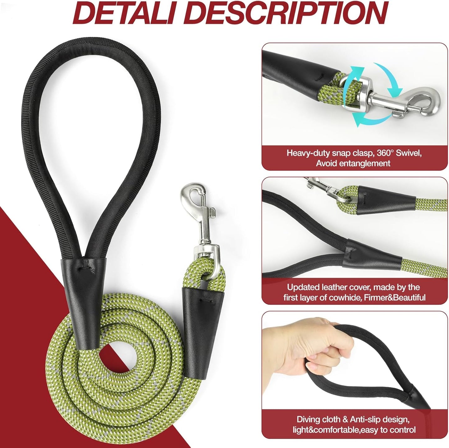 Green 4FT Dog Leash for Large Dogs Night Walking Reflective Heavy Duty Chew-Resistant Nylon Leash with Padded Handle and 360° Swivel Clip Strong for Medium to Large Breeds