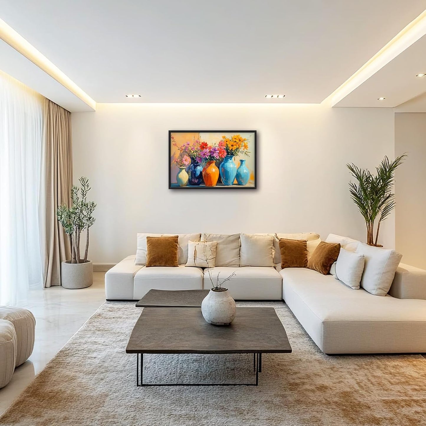 Large Colorful Floral Wall Art for Living Room, Framed Oversized Asian Flower Vase Decor Canvas Painting Sunlight Pictures Modern Artwork for Bathroom Bedroom Office Dining Room 36"x24"