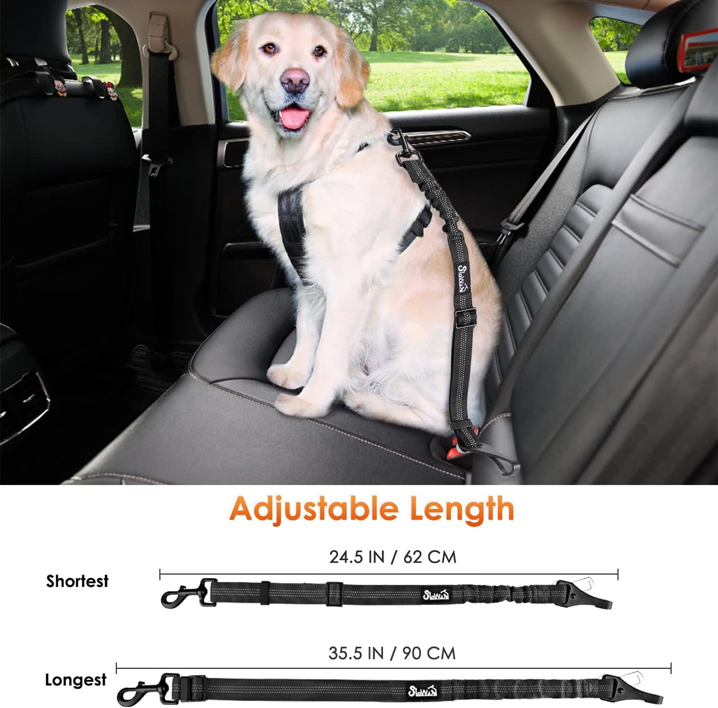 SlowTon Dog Seat Belt, Adjustable Dog Safety Belt Leash, 2 in 1 Latch Bar Attachment Dogs Car Seatbelt with Elastic Nylon Bungee Buffer, Reflective Nylon Belt Tether Connect to Dog Harness(B,35.5in)