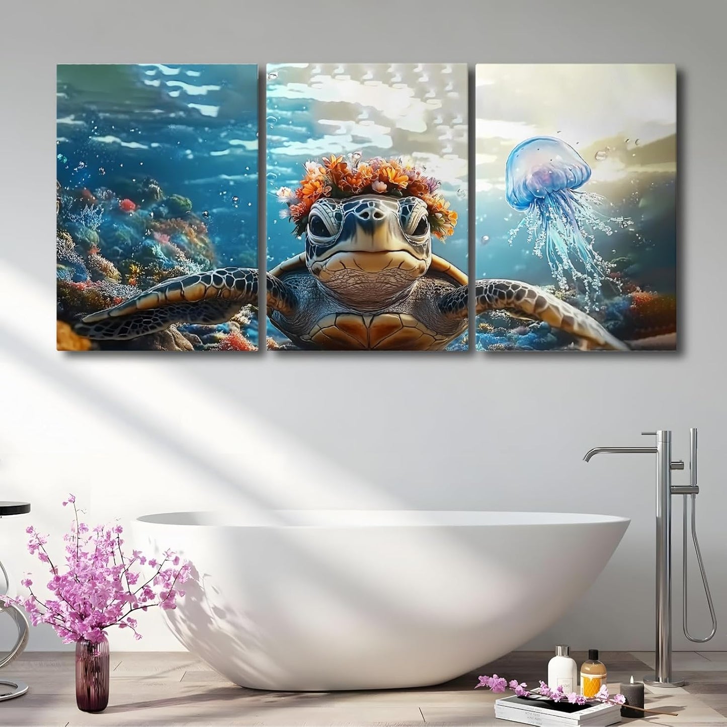 Wivsev Sea Turtle Canvas Wall Art,Under Sea Wall Art,Sea Life Pictures Wall Decor,Ocean Animal Painting for Bathroom,Living Room,Bedroom (16" x 24" x 3 pcs)