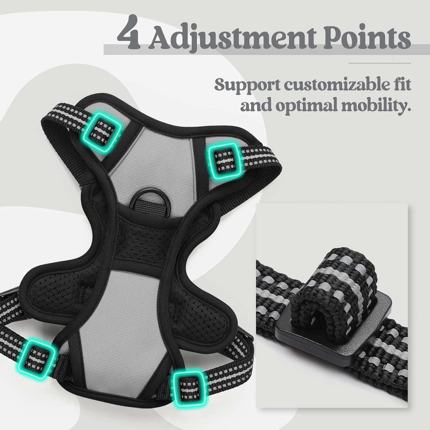 rabbitgoo Dog Harness No Pull with 2 Leash Clips, Adjustable Soft Padded, Reflective Oxford No Choke Pet Vest with Easy Control Handle for Puppy, Grey, XS