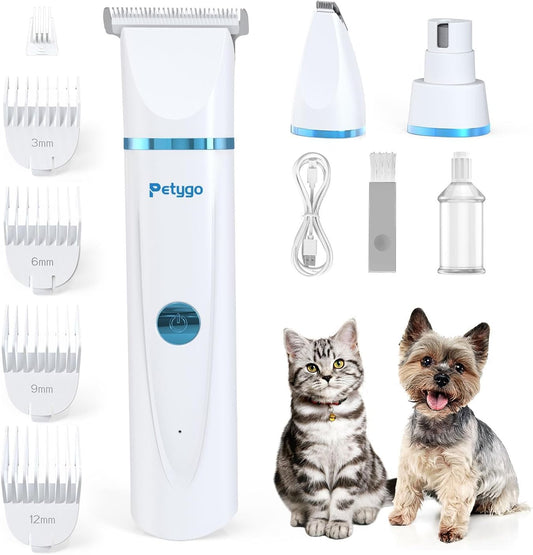 3-in-1 Dog & Cat Grooming Kit - Rechargeable Cordless Pet Hair Clippers with Nail Grinder & Paw Trimmer & 5 Guide Combs, Low Noise Dog Clippers for Grooming Small Medium Pets