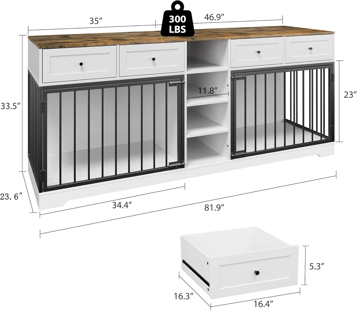 GarveeHome 82" Double Dog Crate Furniture, Large Dog Kennel Indoor for 2 Dogs, Heavy Duty Wooden Dog Crate TV Stand with 4 Drawers and Shelves, White/Brown