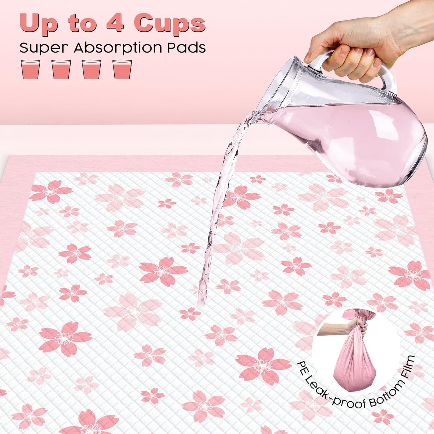 MIZOK Puppy Pads 22"x 22" with Leak-Proof Quick-Dry Design Pee Pads for Dogs Potty Training, 6-Layer Standard Absorbency Dog Pee Pads Regular Size, Pink Cherry Blossom Pattern (100 Counts)