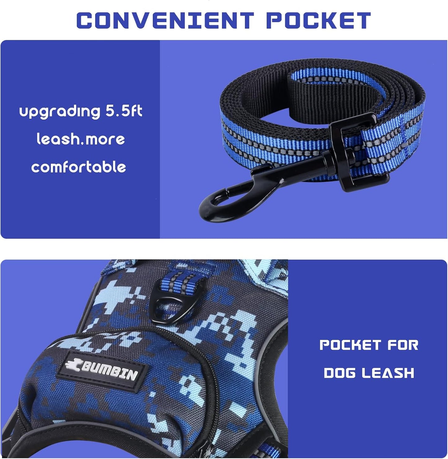 BUMBIN Dog Harness for Large Dogs, No Pull Adjustable No Choke Pet Vest with Dog Leash Fit Smart Reflective Pet Walking Harness for Training Easy Control Soft Handle Blue Camo L