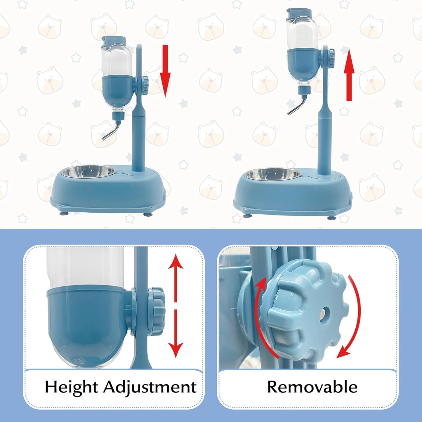 Fhiny Dog Water Feeder Bottle with Stand, Dispenser Automatic Water Food Bowl for Cage No-Drip Leak-Proof Adjustable Raised Pet Slow Water Bottle Dog Kennel Durable Drinker (Blue, 17oz)