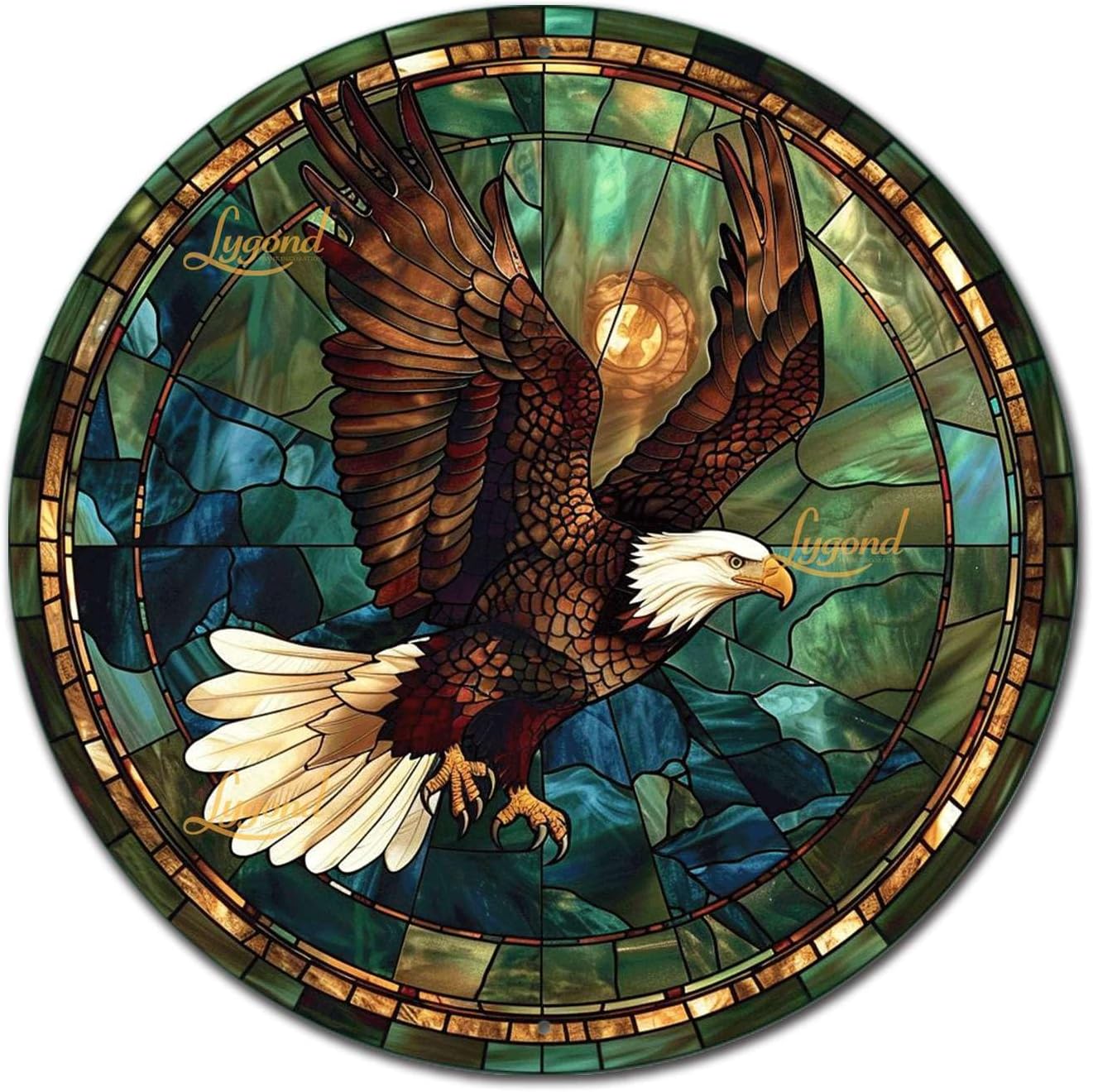 Lygond Metal Sign Tin Sign Circular Stained Glass American Bald Eagle Garden Sign for Restaurant 12×12 Inches